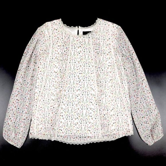 CYNTHIA ROWLEY Cottagecore Sheer Balloon Sleeve Crew Blouse White Floral Medium - Picture 1 of 8